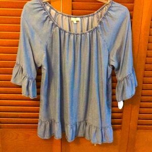 EUC Chambray Ruffle On Or Off Shoulder Blouse…L